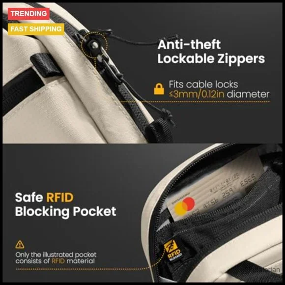Travel Sling Bag RFID Blocking Anti-Theft Lockable Zippers Passport Holder